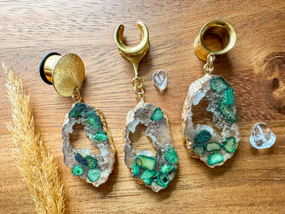 Gold & Green Druzy Dangles Plug Earrings