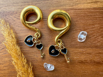 Gold Heart Lock & Key Plug Earrings