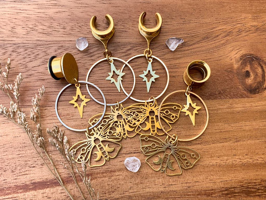 Gold Hoop With Celestial Moth & Star Pendants