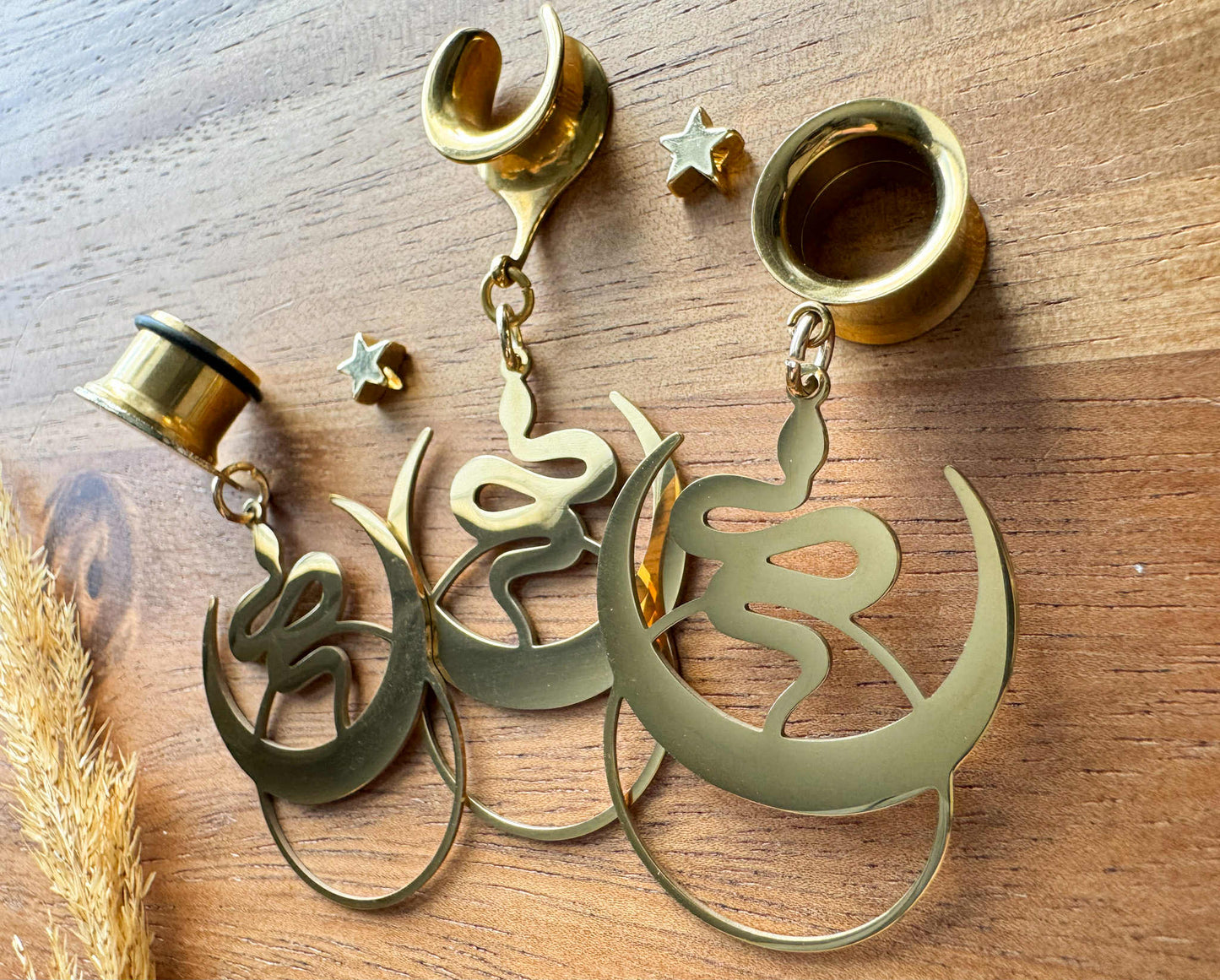 Gold Plated Snake and Moons Plug Earrings