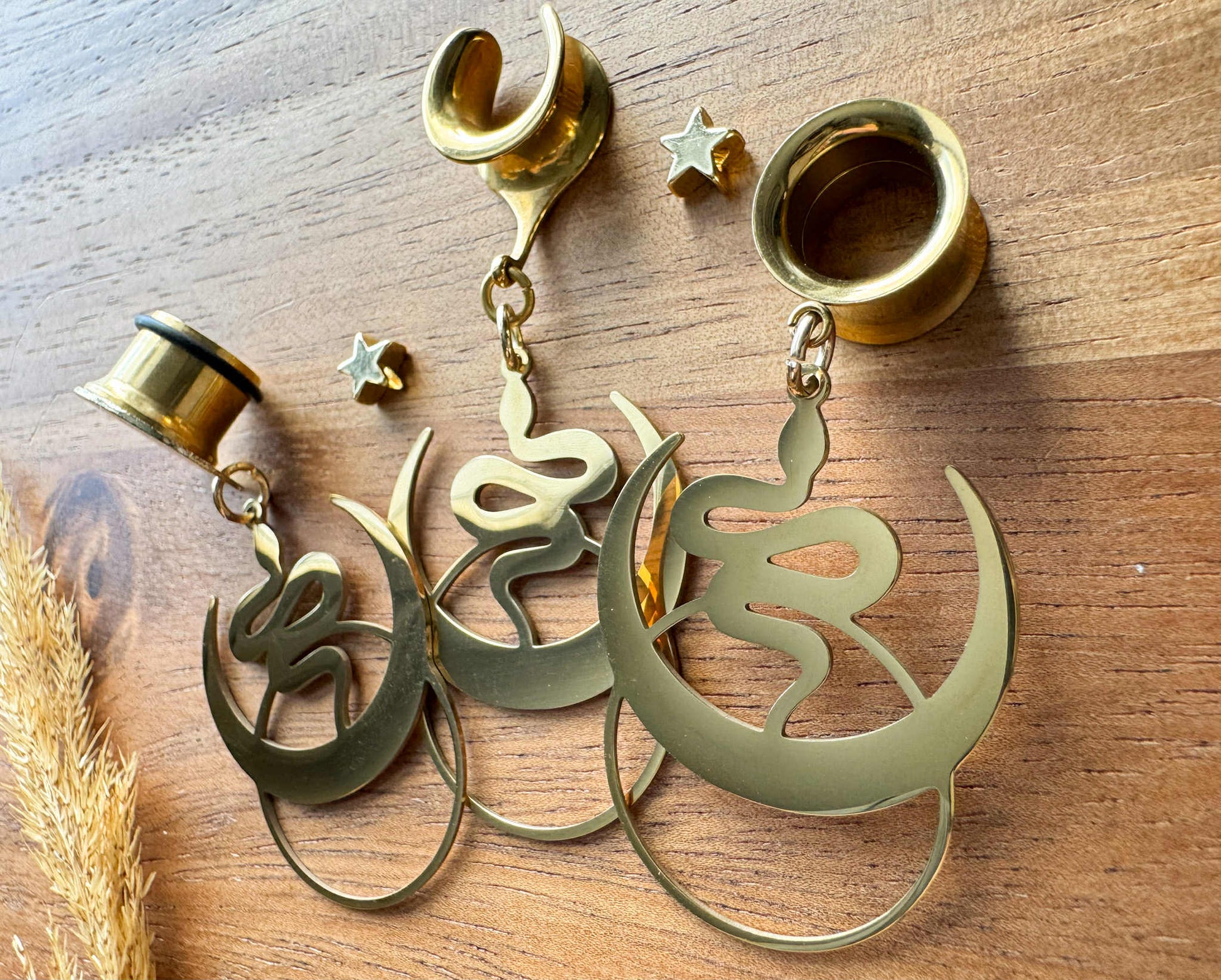 Gold Plated Snake and Moons Plug Earrings