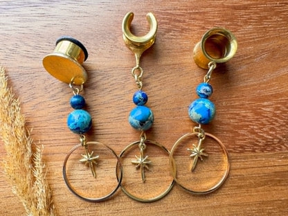 Gold Starlit Jasper Hoops Plug Earrings