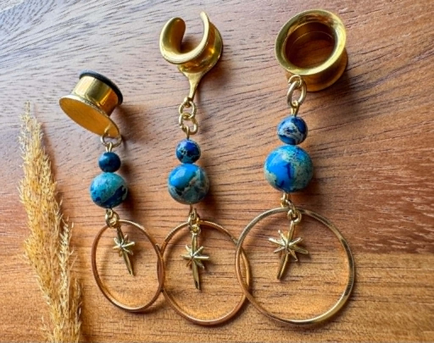 Gold Starlit Jasper Hoops Plug Earrings