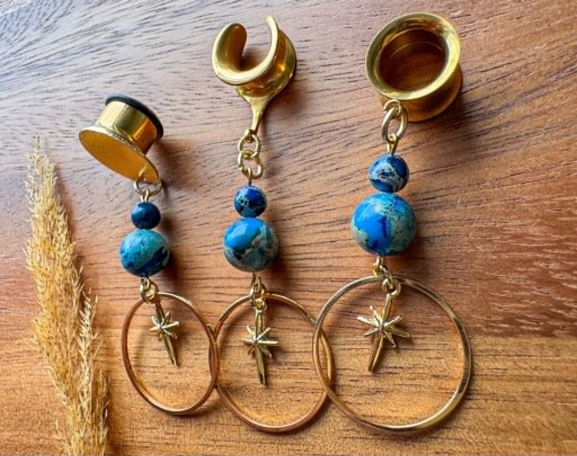 Gold Starlit Jasper Hoops Plug Earrings