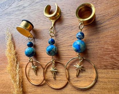 Gold Starlit Jasper Hoops Plug Earrings