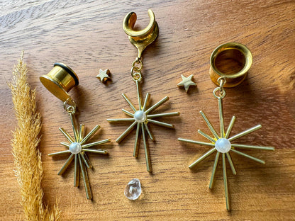 Gold Stars With Faux Pearl Plug Earrings