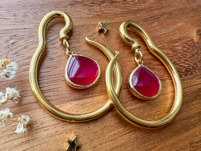 Gold Steel Hangers w/ Cranberry Jade Jewel