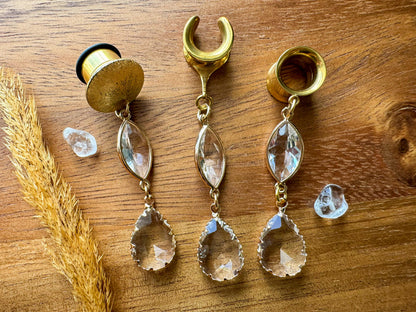 Gold Tone Glass Ear Dangles Plug Earrings
