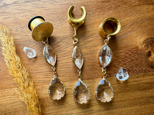Gold Tone Glass Ear Dangles Plug Earrings