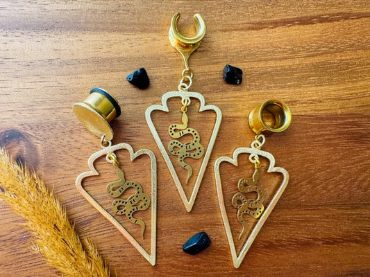Gold Triangle Hoop With Brass Snake Pendant
