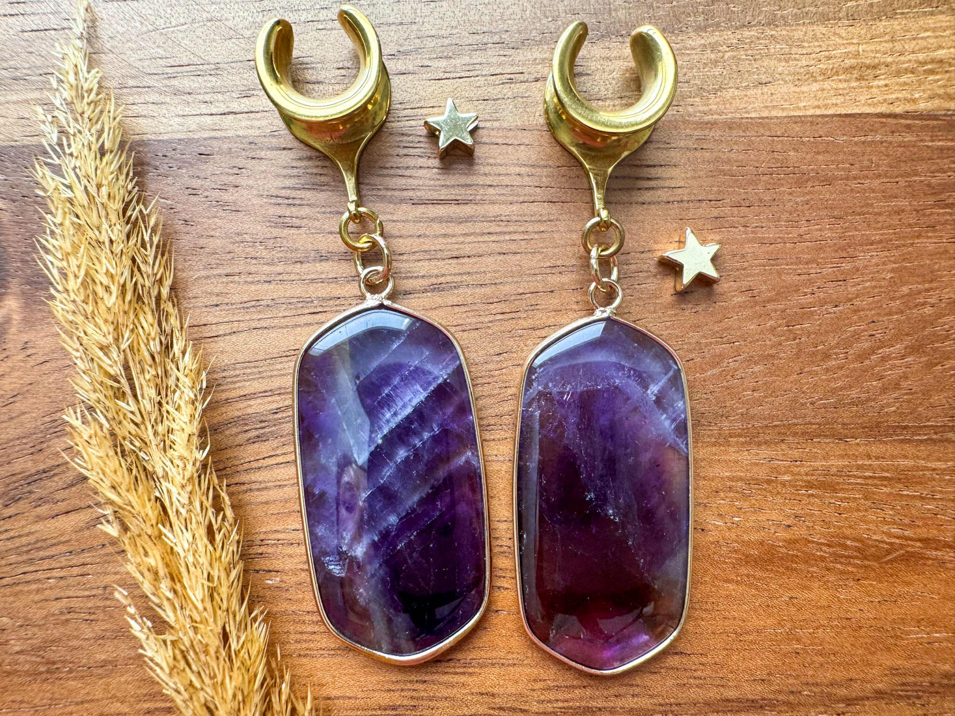 Gold Trimmed Amethyst Dangles Plug Earrings