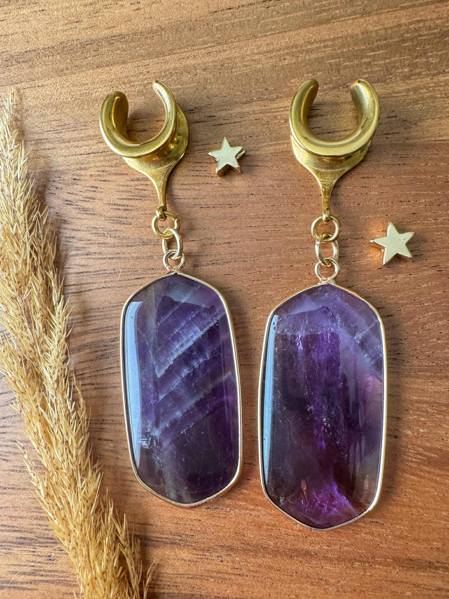 Gold Trimmed Amethyst Dangles Plug Earrings