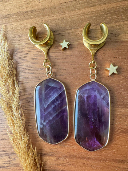 Gold Trimmed Amethyst Dangles Plug Earrings