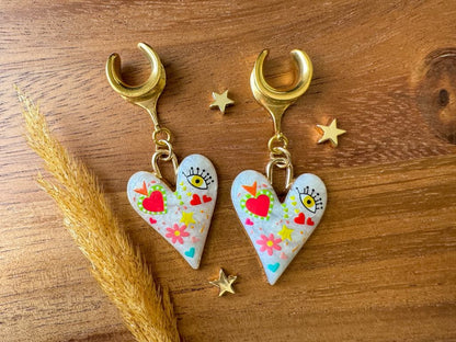 Gold & White Doodle Hearts Plug Earrings