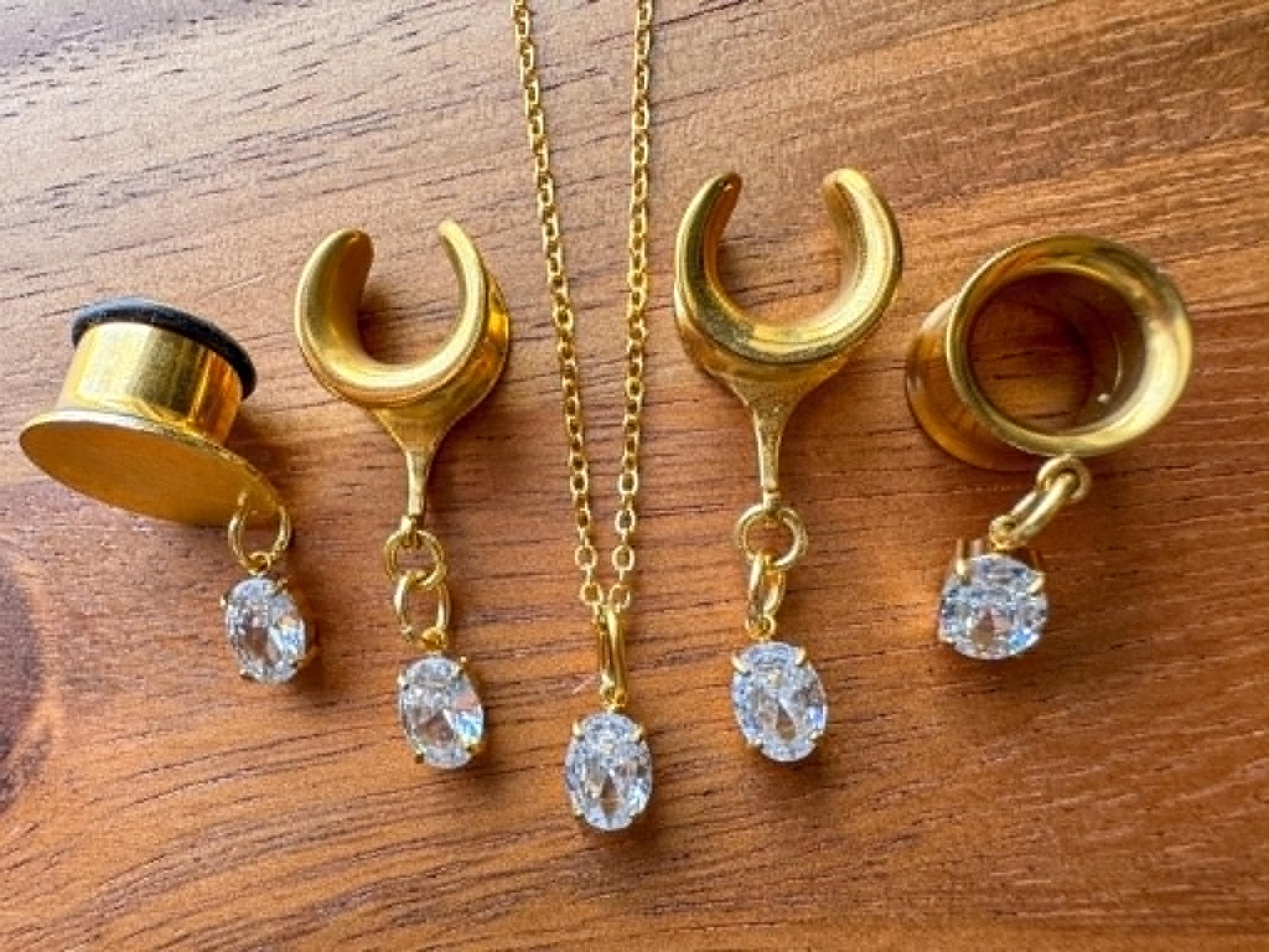 Gold Zircon Plugs With Matching Necklace Plug Earrings