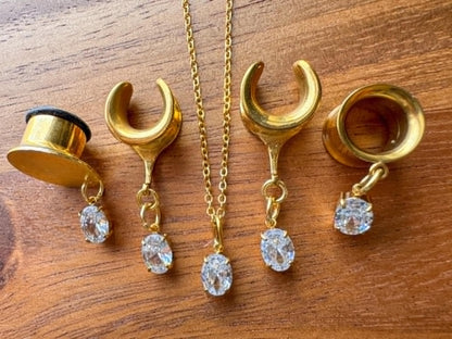 Gold Zircon Plugs With Matching Necklace Plug Earrings