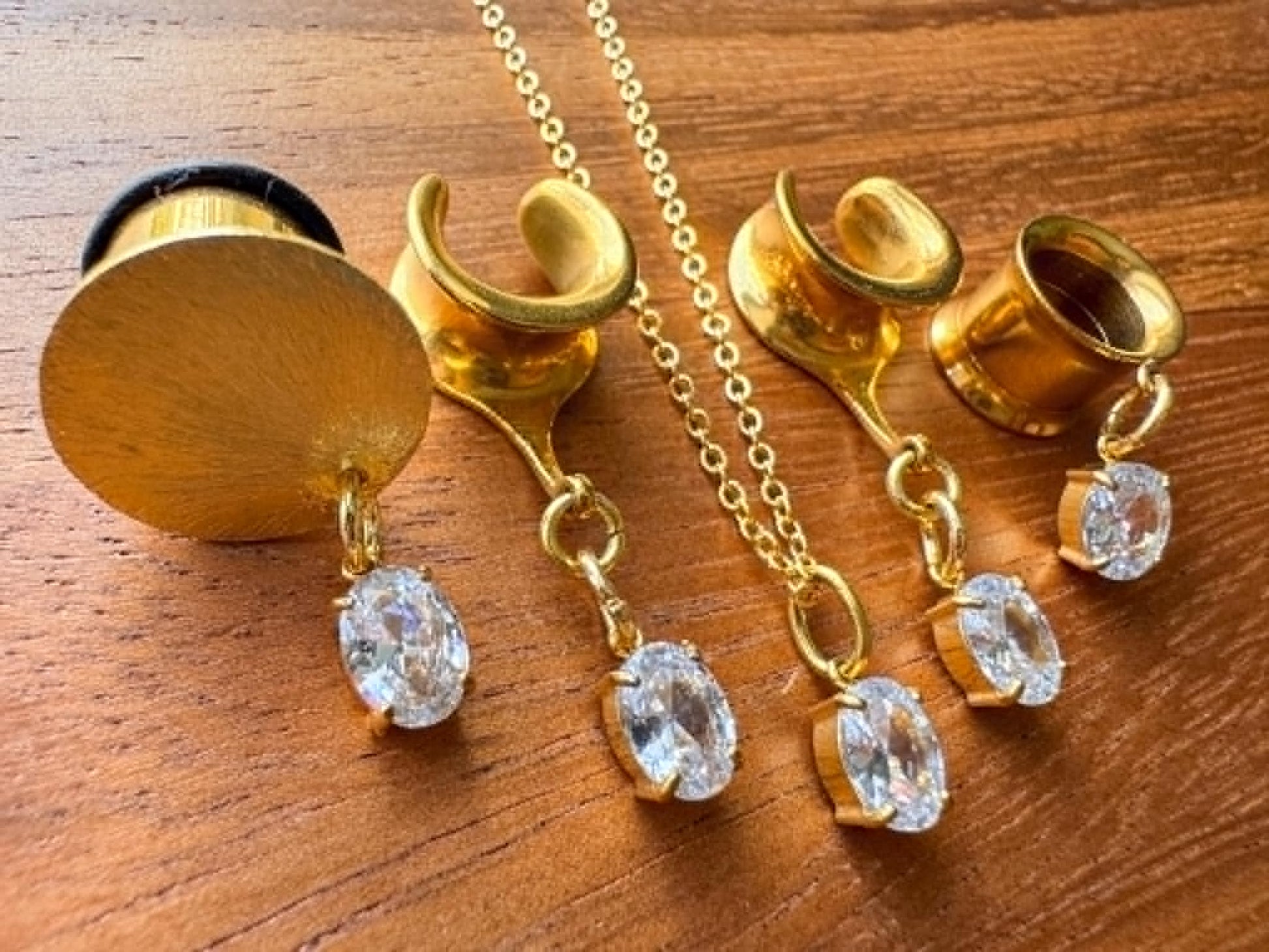 Gold Zircon Plugs With Matching Necklace Plug Earrings