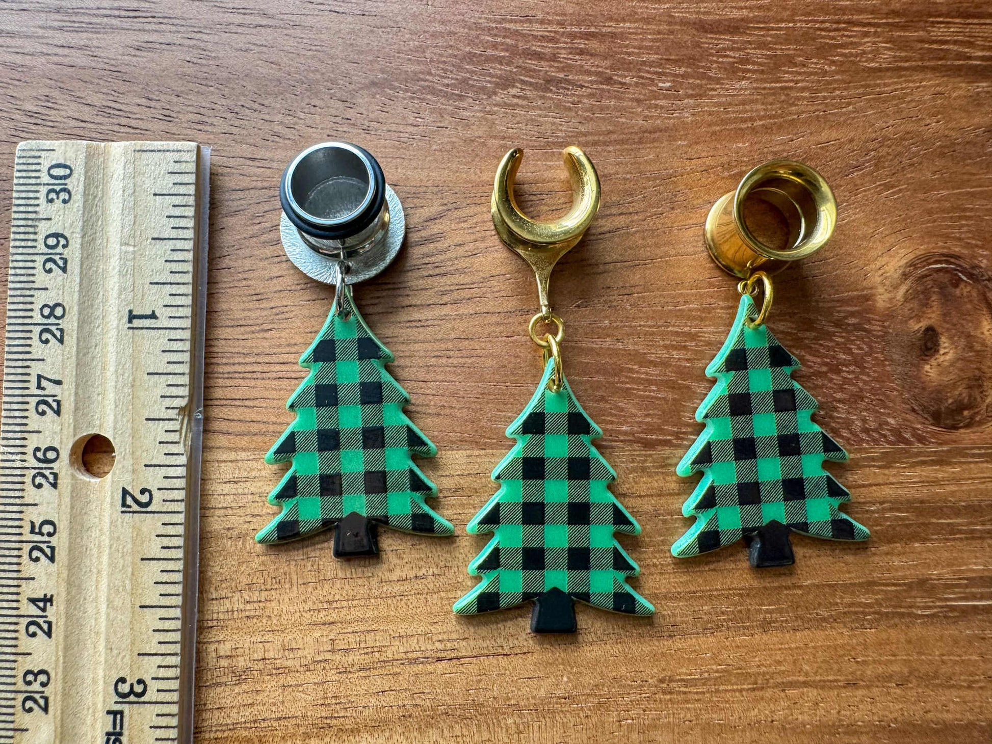 Gold or Silver Plaid Holiday Trees Plug Earrings