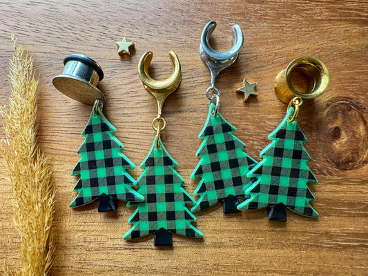 Gold or Silver Plaid Holiday Trees Plug Earrings