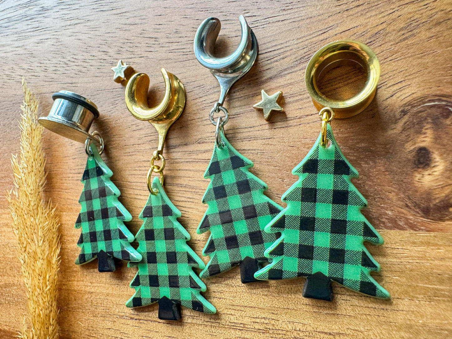 Gold or Silver Plaid Holiday Trees Plug Earrings