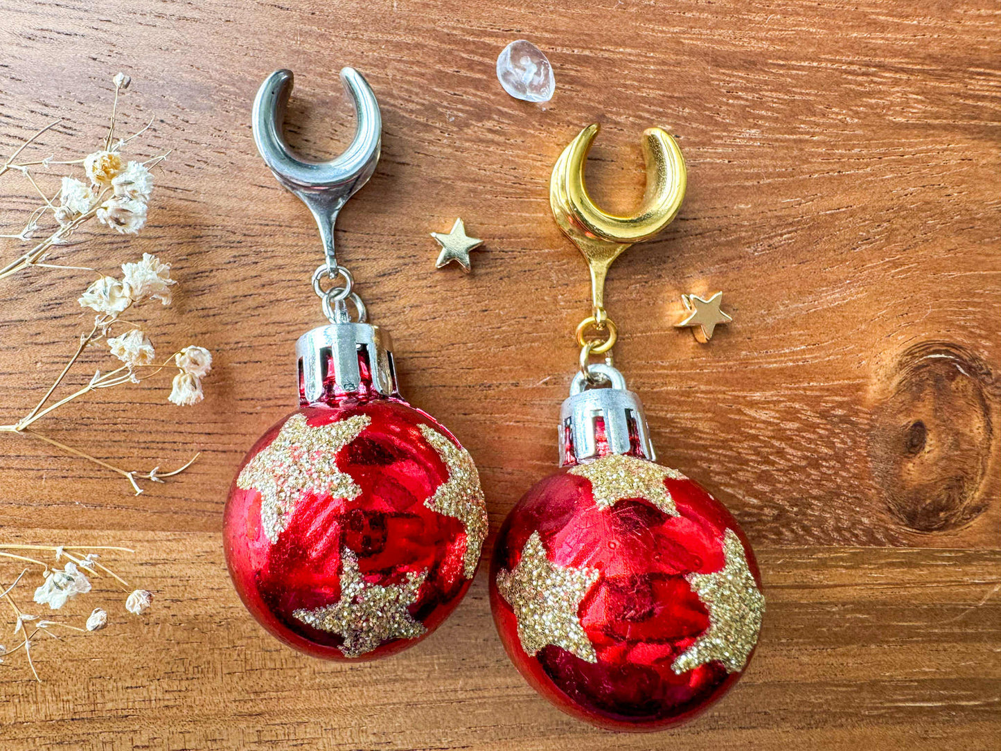 Gold or Silver Red Christmas Ornaments Plug Earrings