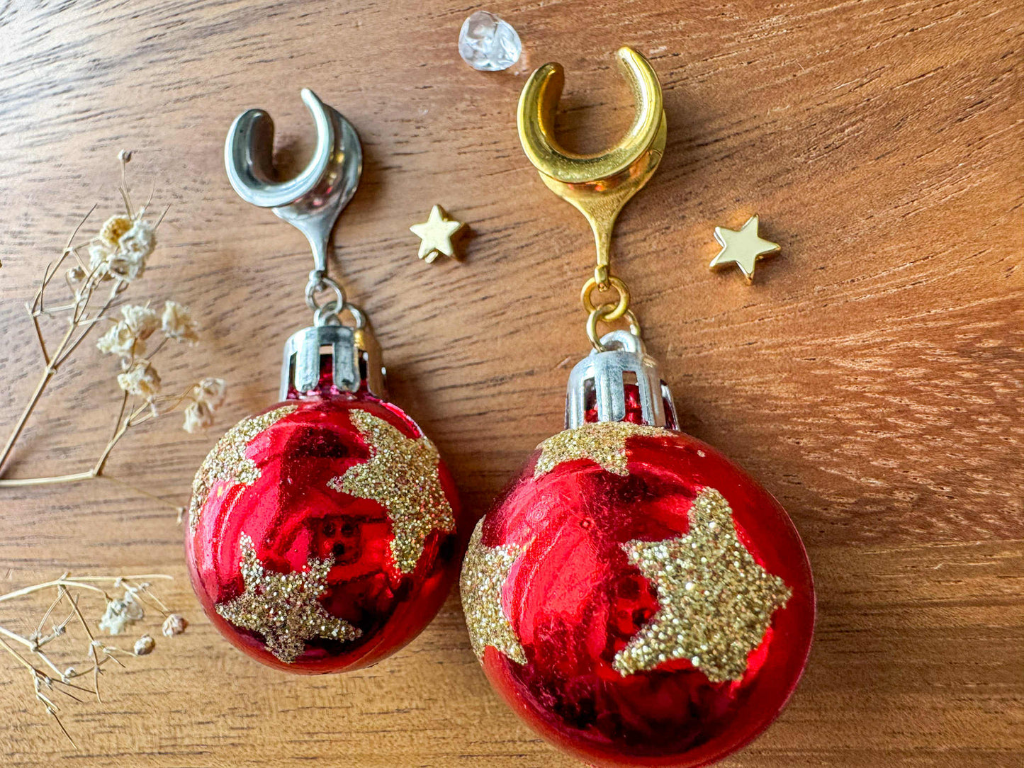 Gold or Silver Red Christmas Ornaments Plug Earrings