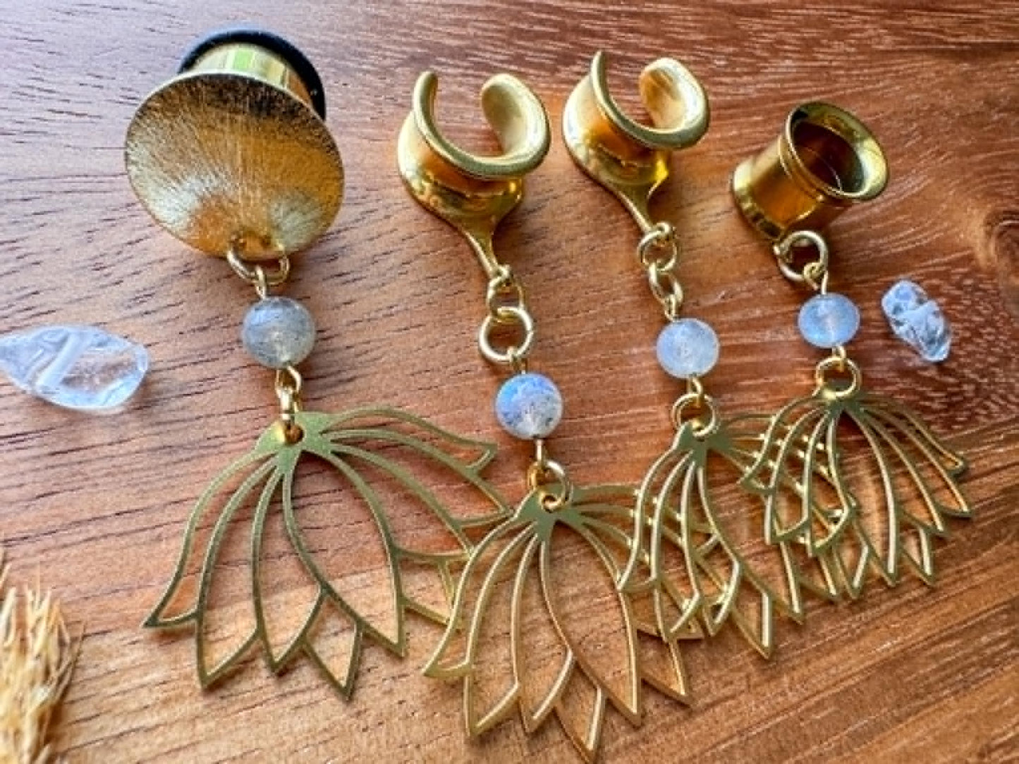 Golden Lotus & Labradorite Plug Earrings