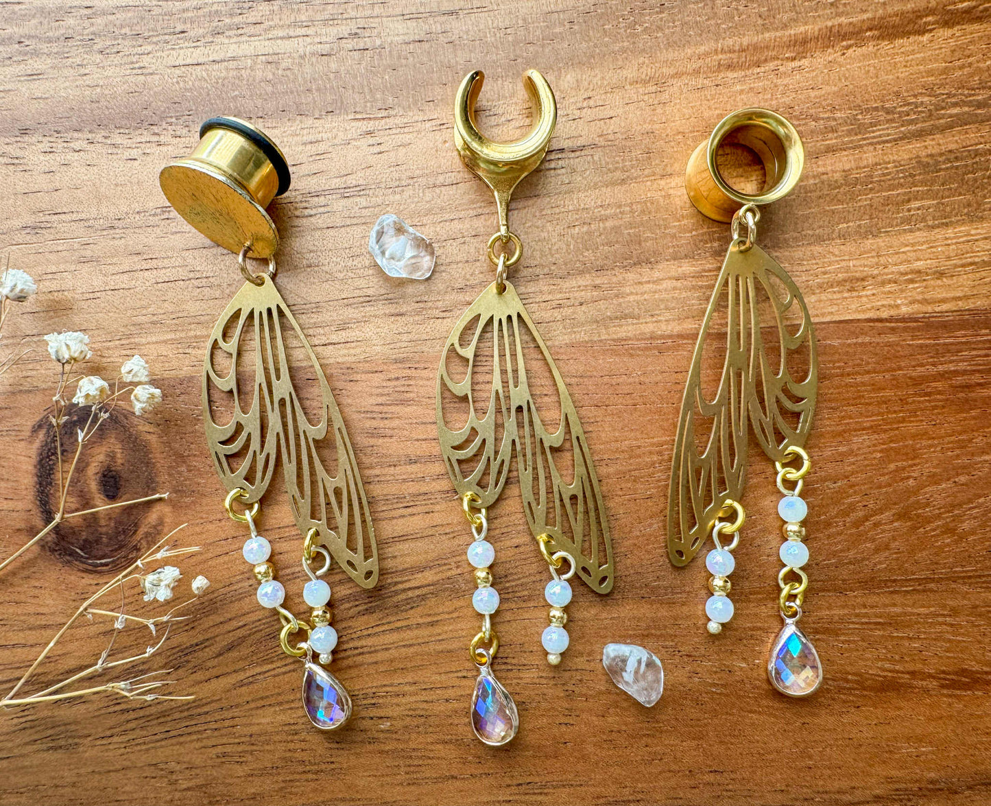 Golden Mystical Wings Plug Earrings