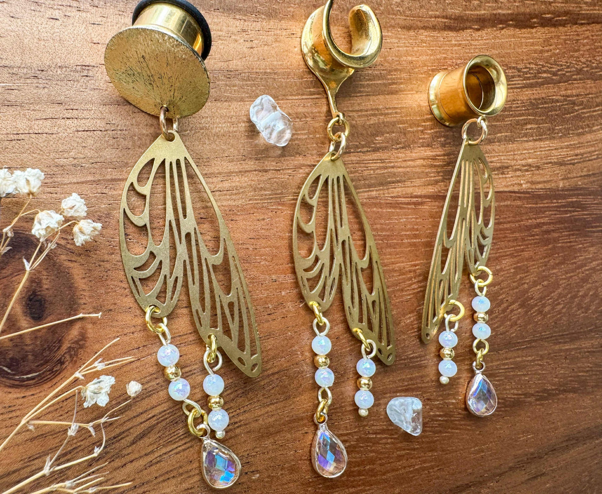 Golden Mystical Wings Plug Earrings