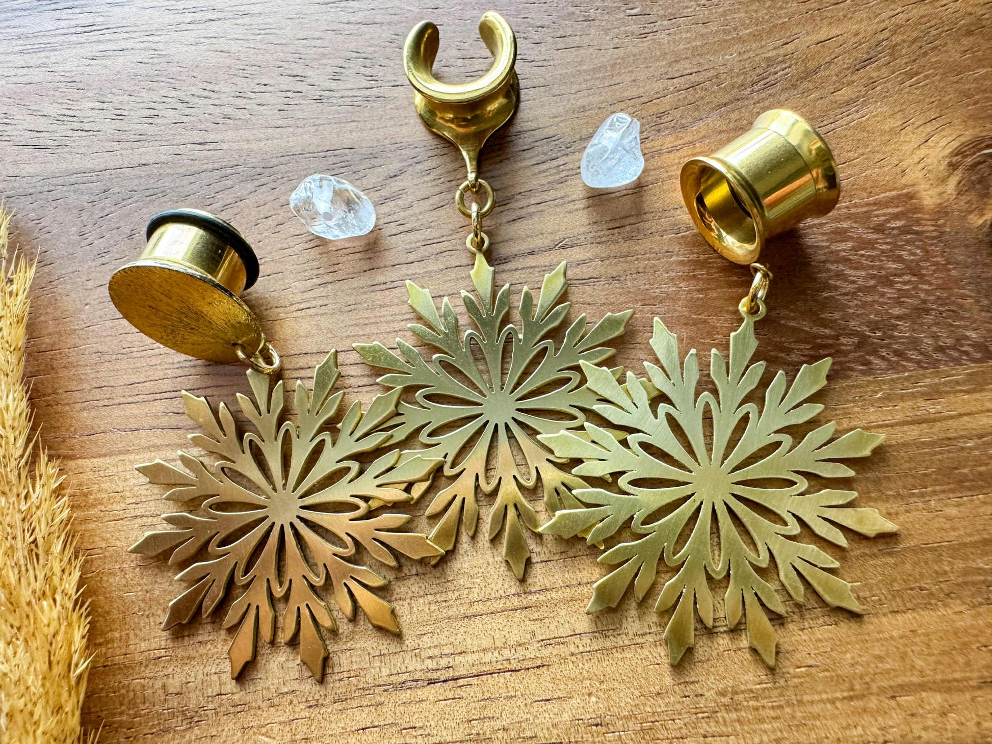 Golden Steel Snowflakes Plug Earrings