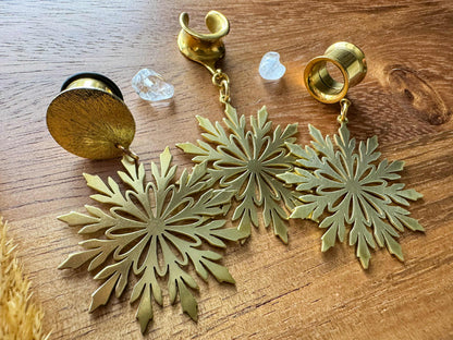 Golden Steel Snowflakes Plug Earrings