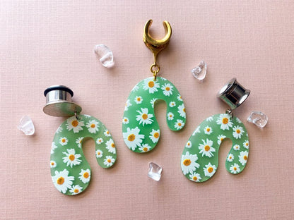 Gold or Silver Green U-Shaped Earrings With Daisy Print