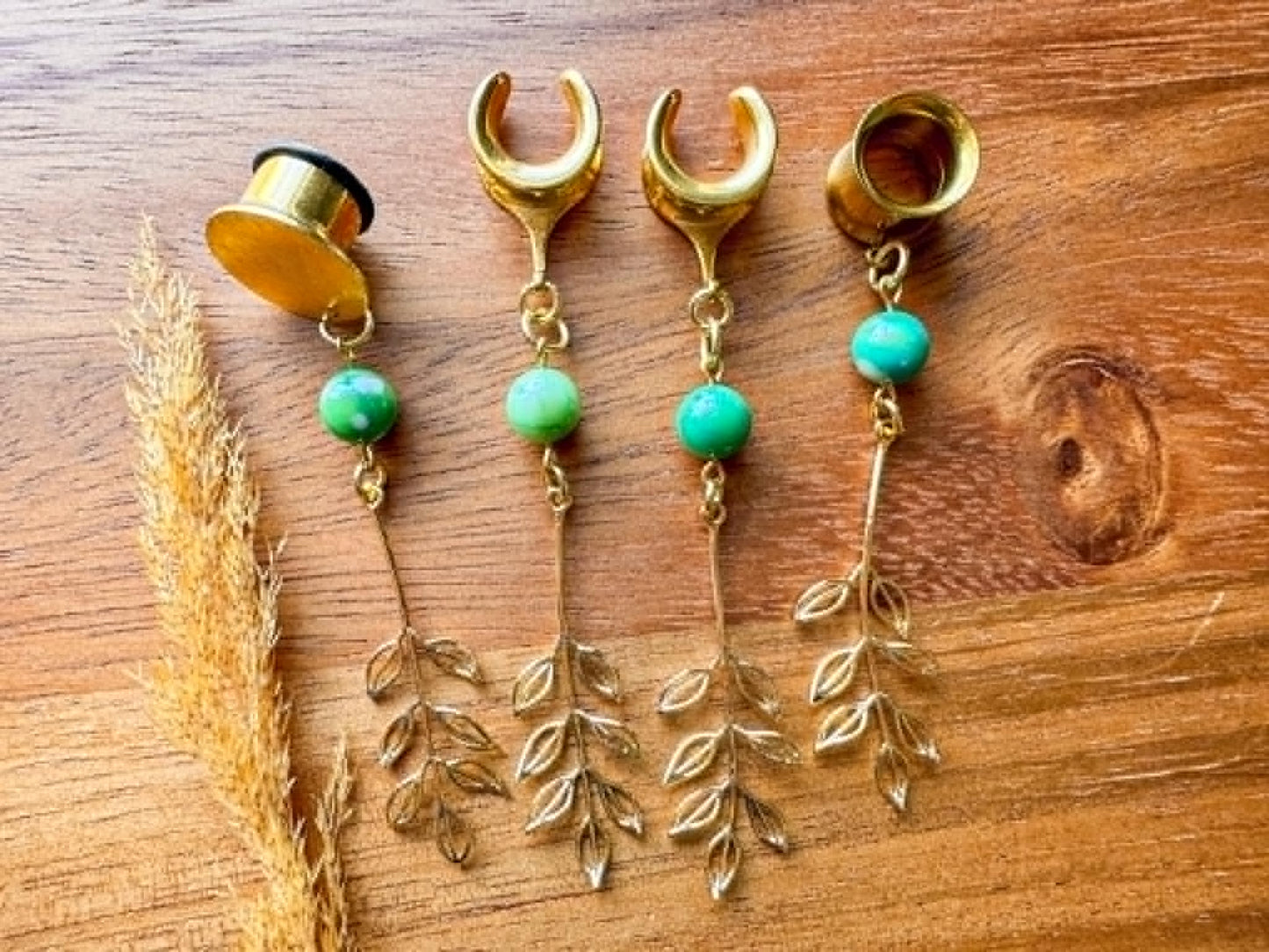 Green Agate & Gold Leaves Plug Earrings
