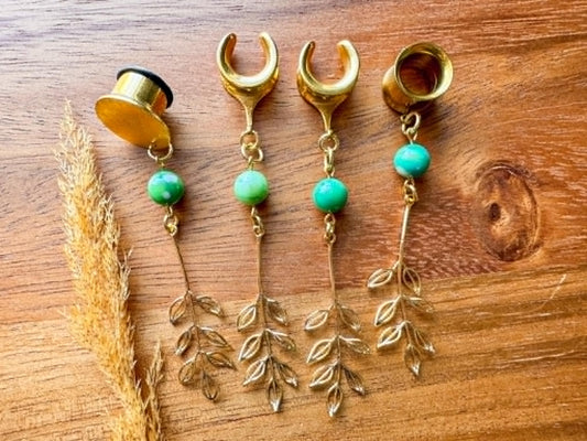 Green Agate & Gold Leaves Plug Earrings