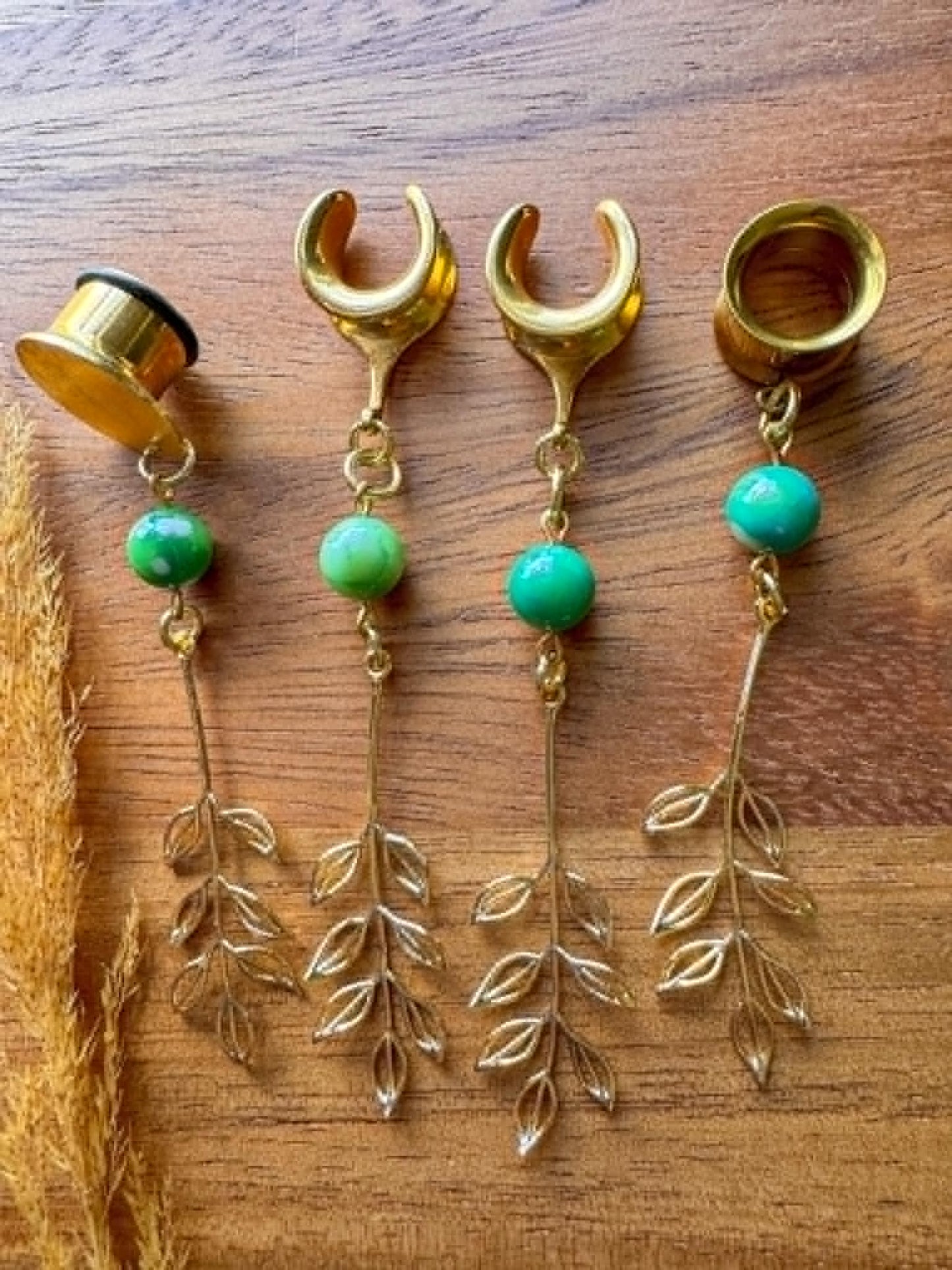 Green Agate & Gold Leaves Plug Earrings