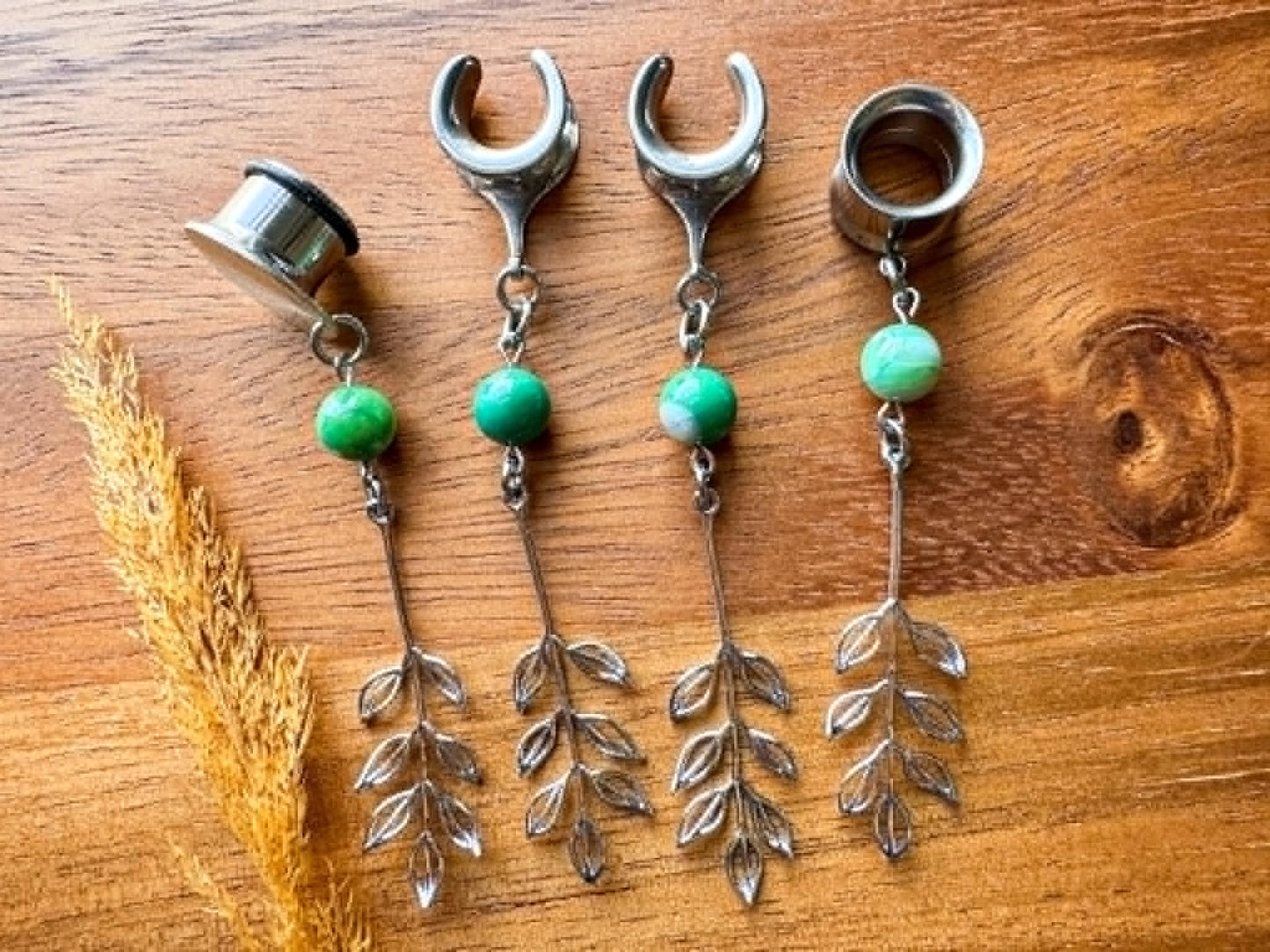 Green Agate and Rhodium Leaves Plug Earrings