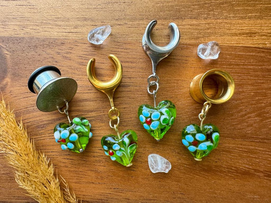 Green Glass Floral Hearts Plug Earrings