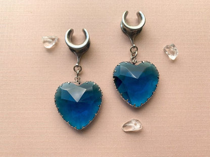 Large Blue Glass Hearts Plug Earrings