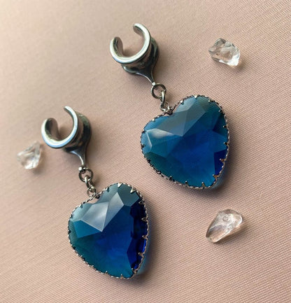 Large Blue Glass Hearts Plug Earrings