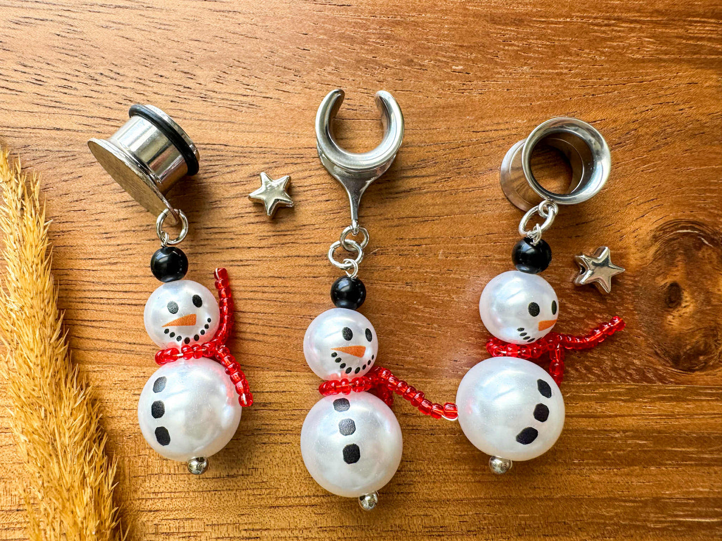 Holiday Pearl Snowmen Plug Earrings