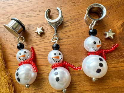 Holiday Pearl Snowmen Plug Earrings