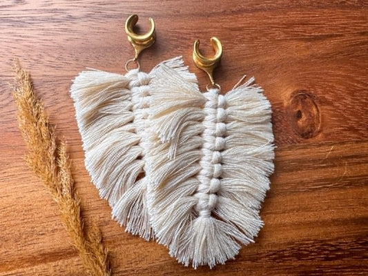 Ivory Boho Tassels Plug Earrings