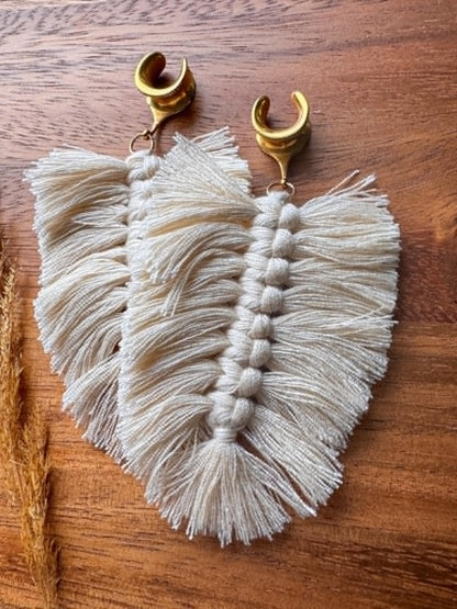 Ivory Boho Tassels Plug Earrings