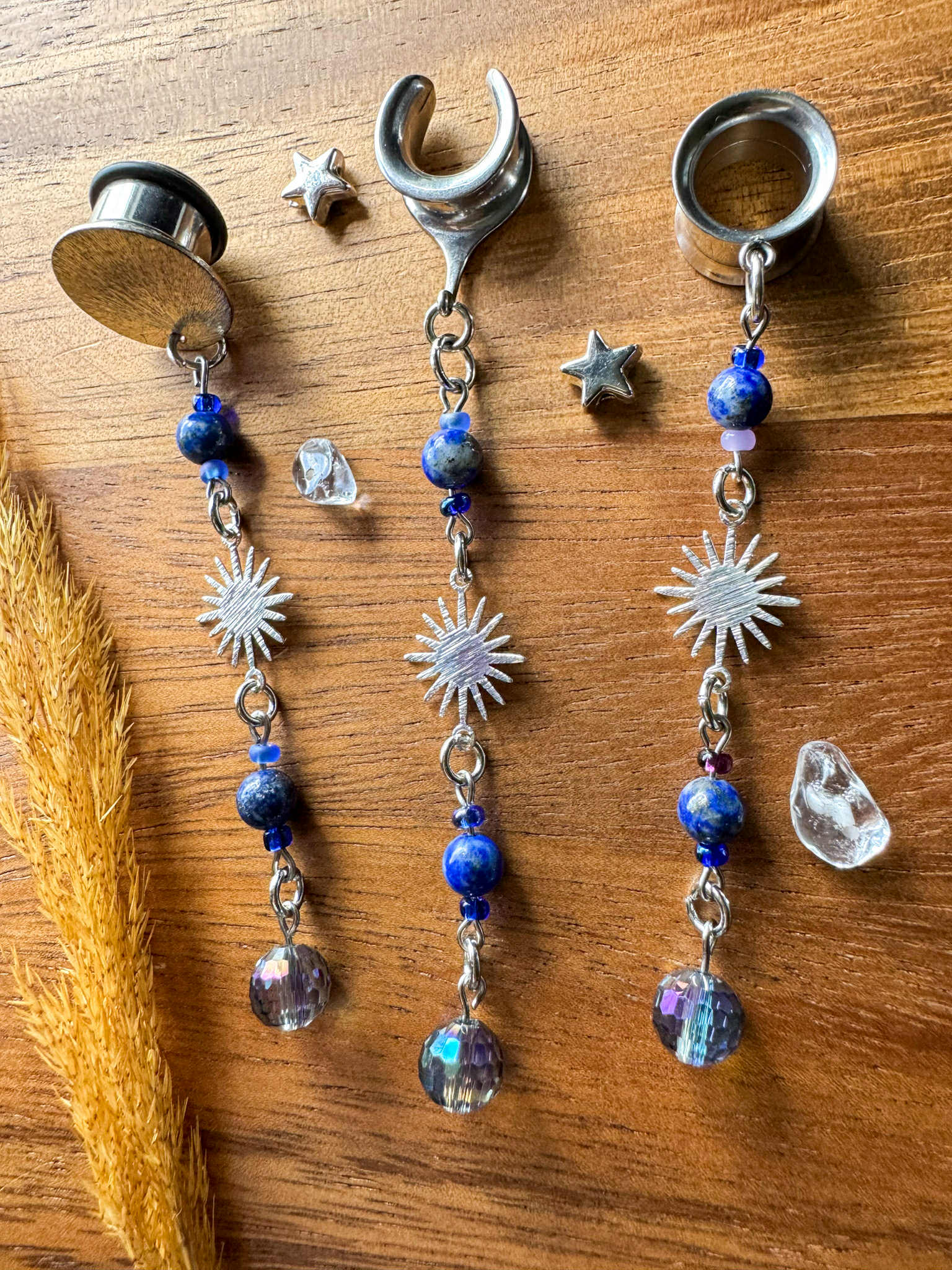 Lapis Lazuli Beaded Suns Plug Earrings