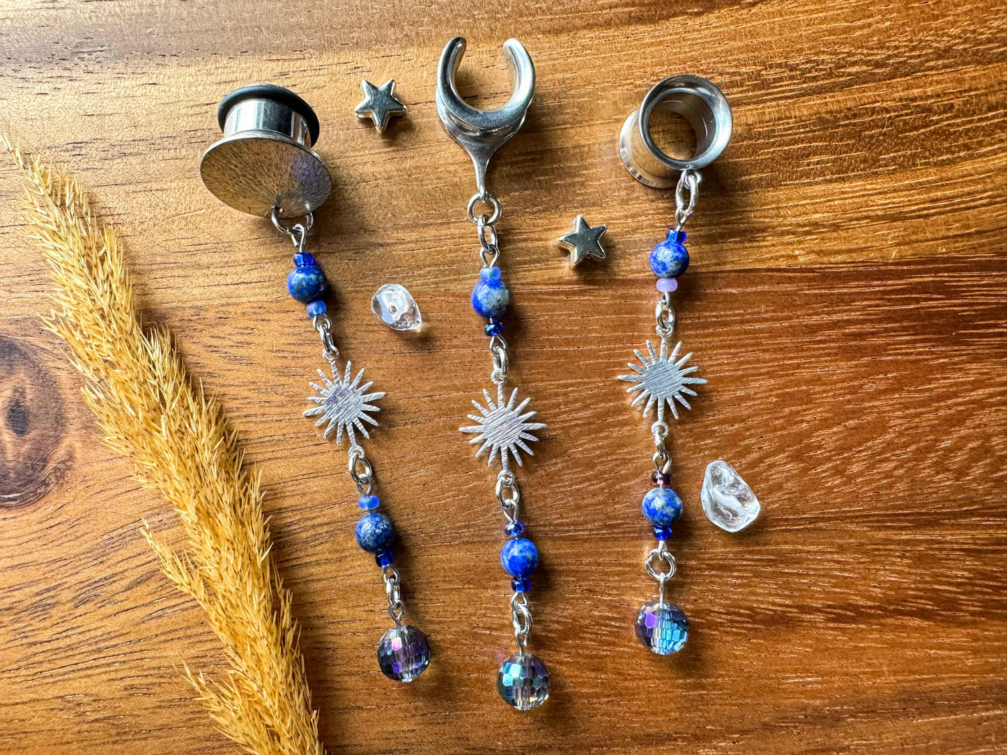 Lapis Lazuli Beaded Suns Plug Earrings