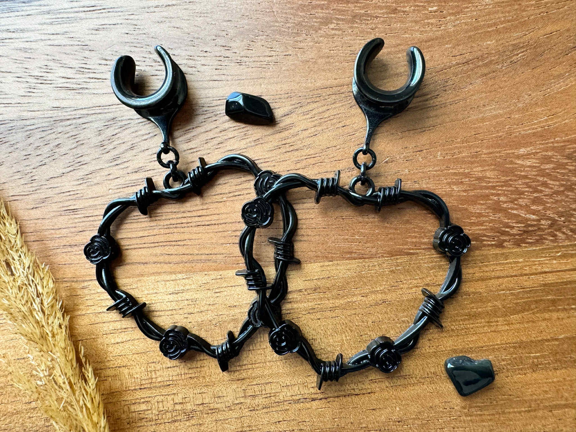 Large Black Barbed Hearts Plug Earrings