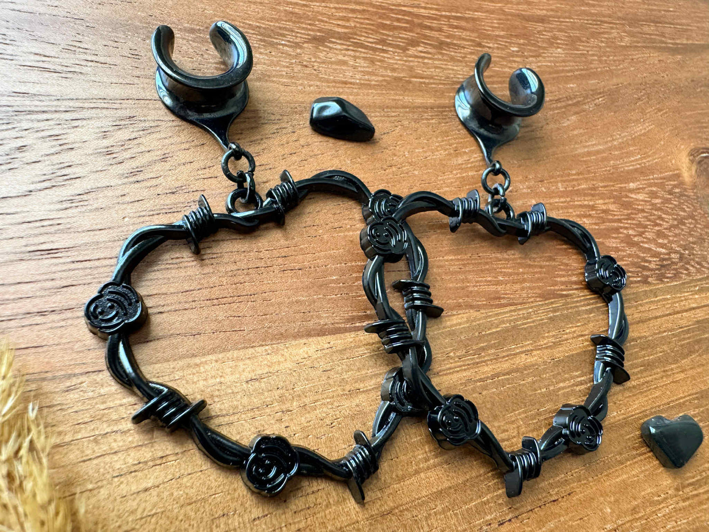 Large Black Barbed Hearts Plug Earrings