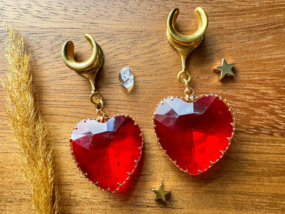 Large Red Glass Hearts Plug Earrings