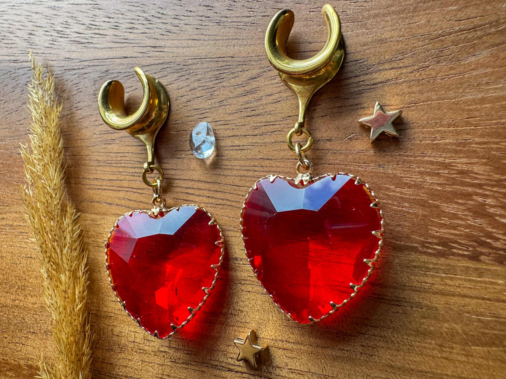 Large Red Glass Hearts Plug Earrings