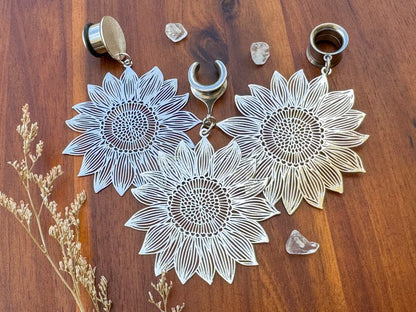 Large Silver Sunflowers Plug Earrings